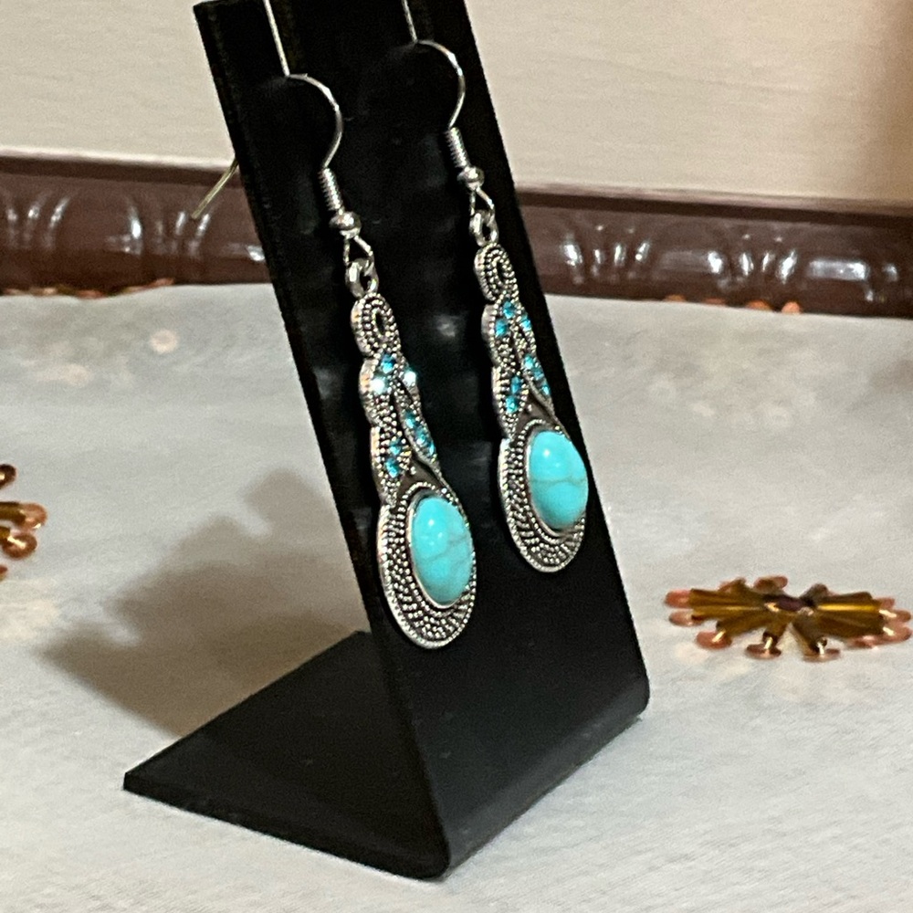 Turquoise and Silver Dangle Earrings - Picture 4 of 7